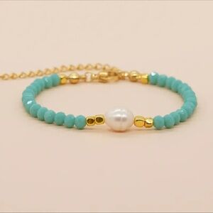Natural Pearl and Turquoise Crystal Beads Bracelet Gold Tone Unisex
